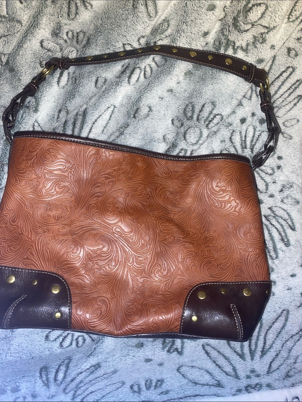 G.H. Bass & Co. Two-Tone Tooled Leather Shoulder Bag in Cognac and Dark Brown